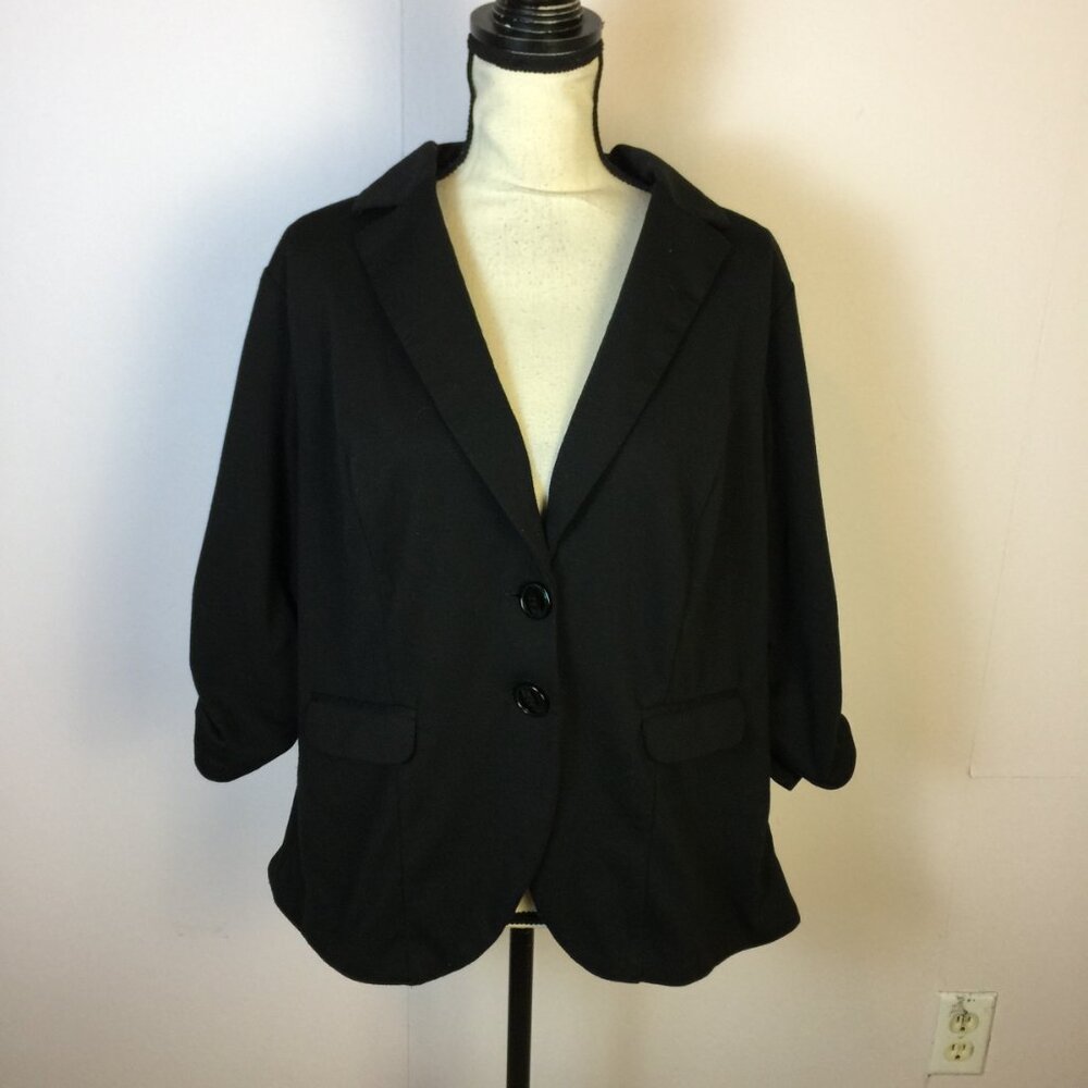 Torrid Blazer Jacket 2X Womans Plus Black Knit 3/4 Ruched Sleeve 2-Button Career